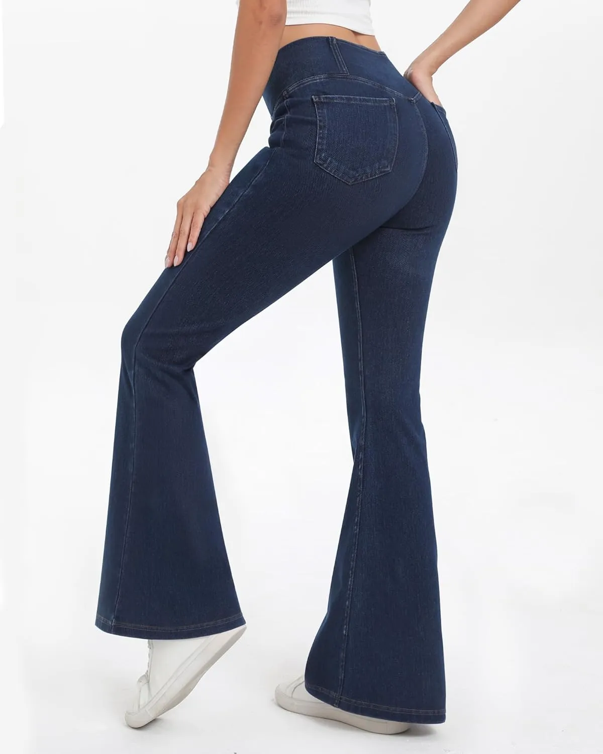 Bell Bottom Jeans for Women High Waisted Stretchy Flare Jeans with Pockets Trendy Crossover Pull On Flare Jeggings