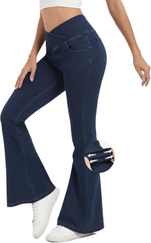 Bell Bottom Jeans for Women High Waisted Stretchy Flare Jeans with Pockets Trendy Crossover Pull On Flare Jeggings