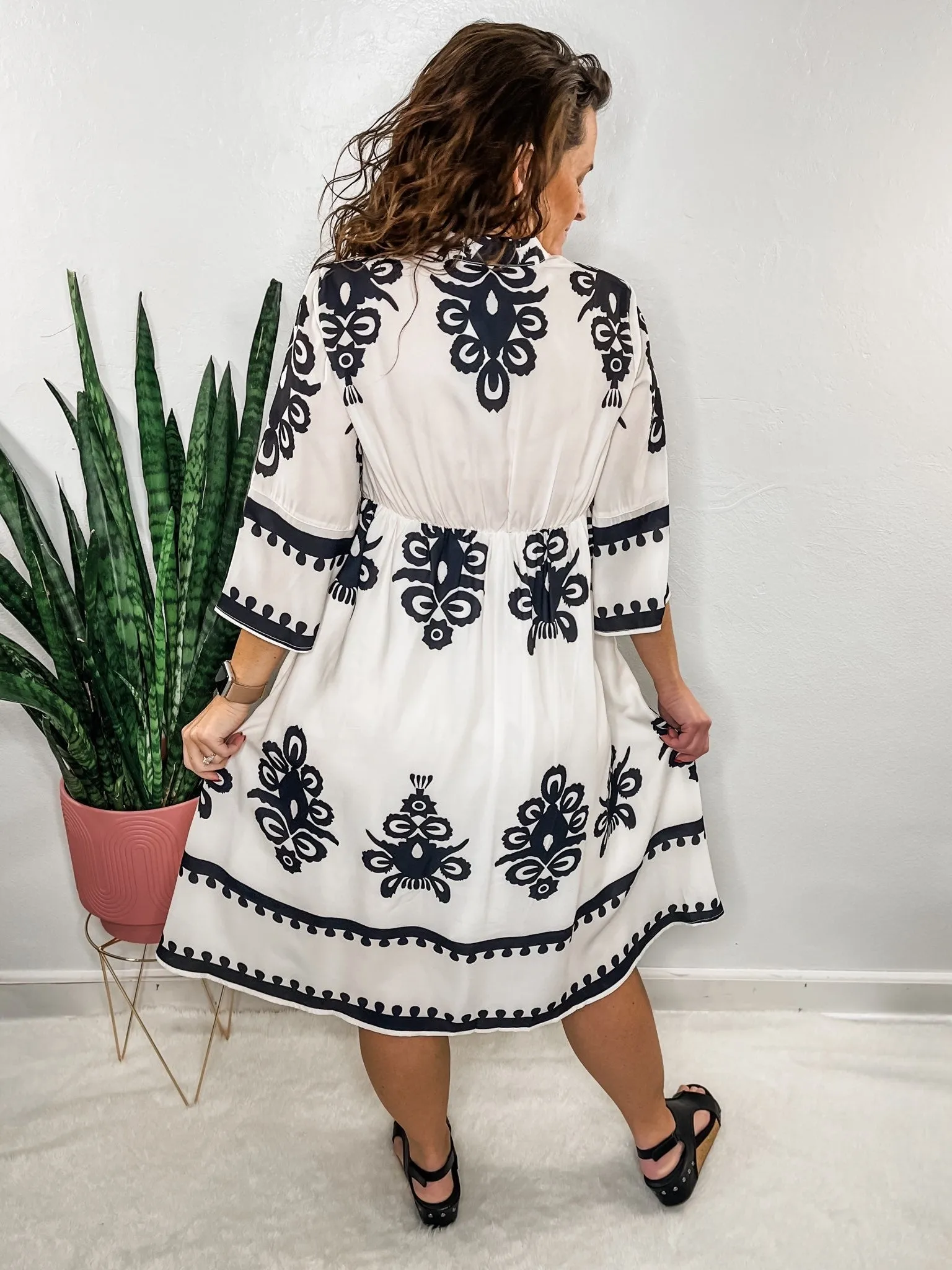 Black & White Geometric Bell Sleeve Dress
