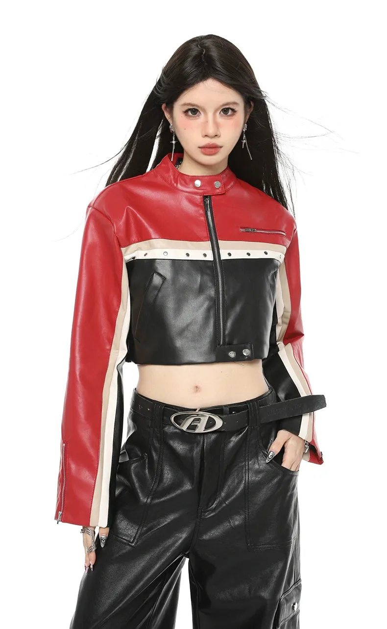 Boxy Cropped Faux Leather Racer Jacket