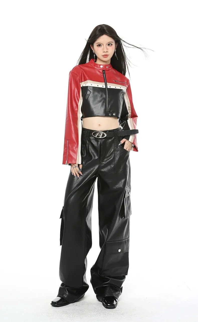 Boxy Cropped Faux Leather Racer Jacket