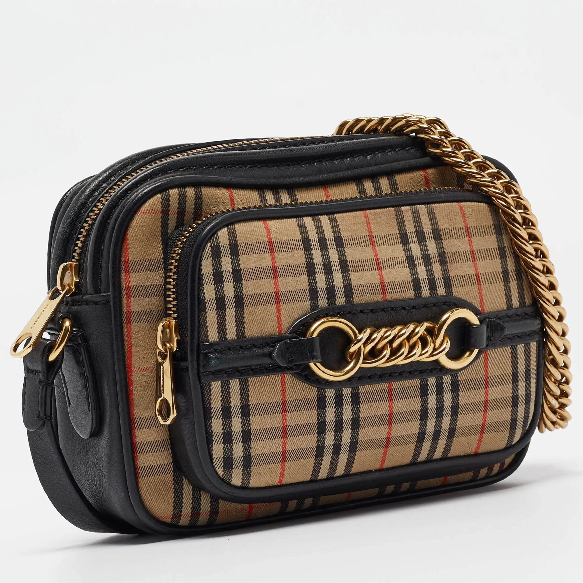 BURBERRY Black/Beige 1983 Knight Check Fabric and Leather Link Bum Belt Bag