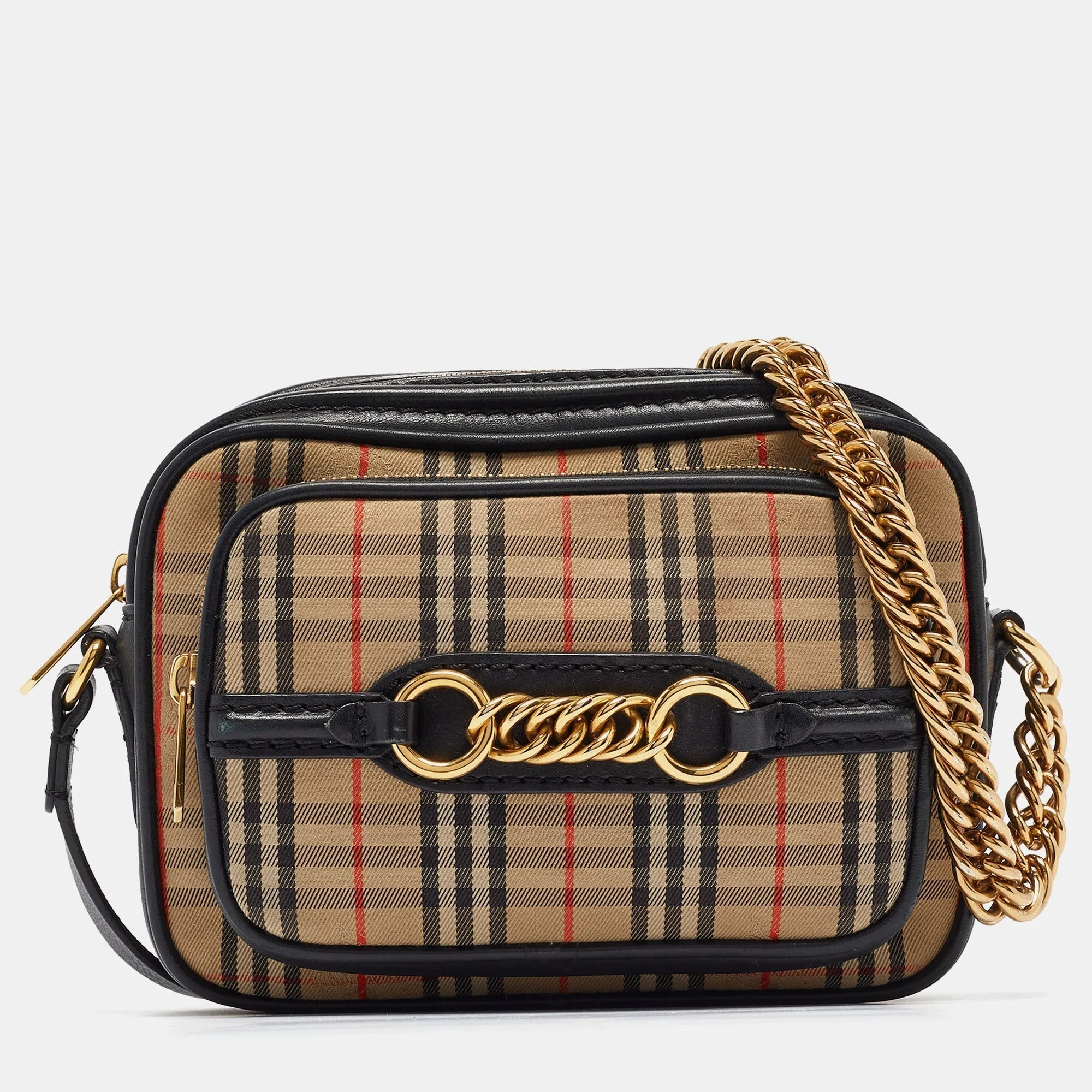 BURBERRY Black/Beige 1983 Knight Check Fabric and Leather Link Bum Belt Bag