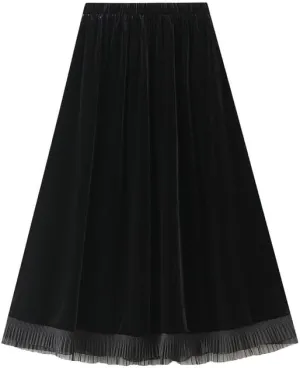 CAMDOM Elegant High Waist Velvet Skirt, Black with White Pleated Hem, A-Line Midi Skirt