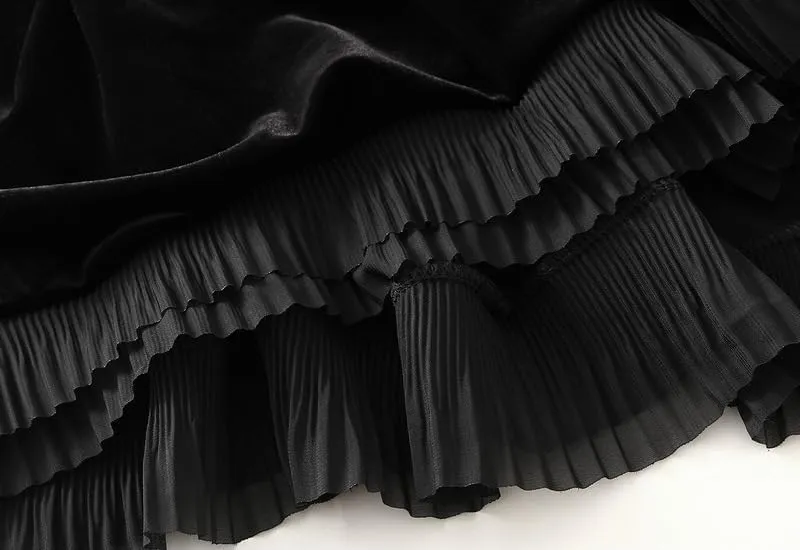 CAMDOM Elegant High Waist Velvet Skirt, Black with White Pleated Hem, A-Line Midi Skirt