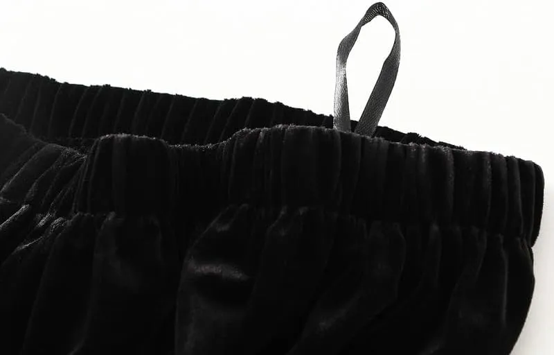 CAMDOM Elegant High Waist Velvet Skirt, Black with White Pleated Hem, A-Line Midi Skirt
