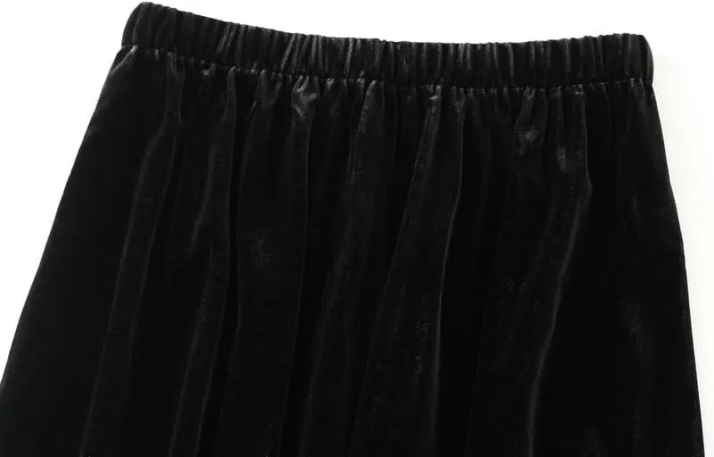 CAMDOM Elegant High Waist Velvet Skirt, Black with White Pleated Hem, A-Line Midi Skirt