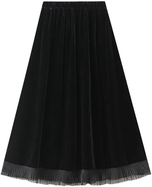 CAMDOM Elegant High Waist Velvet Skirt, Black with White Pleated Hem, A-Line Midi Skirt