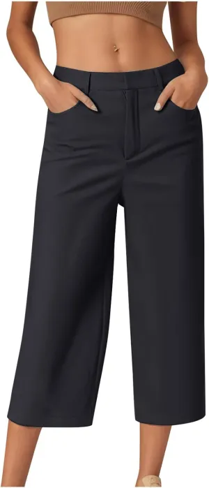 Capri Pants for Women High Waisted Pull On Dress Pants Slim Straight Leg Stretchy Waist Capris Trousers Pant Black