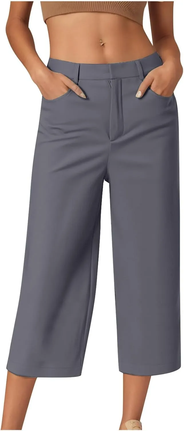 Capri Pants for Women High Waisted Pull On Dress Pants Slim Straight Leg Stretchy Waist Capris Trousers Pant Dark Gray