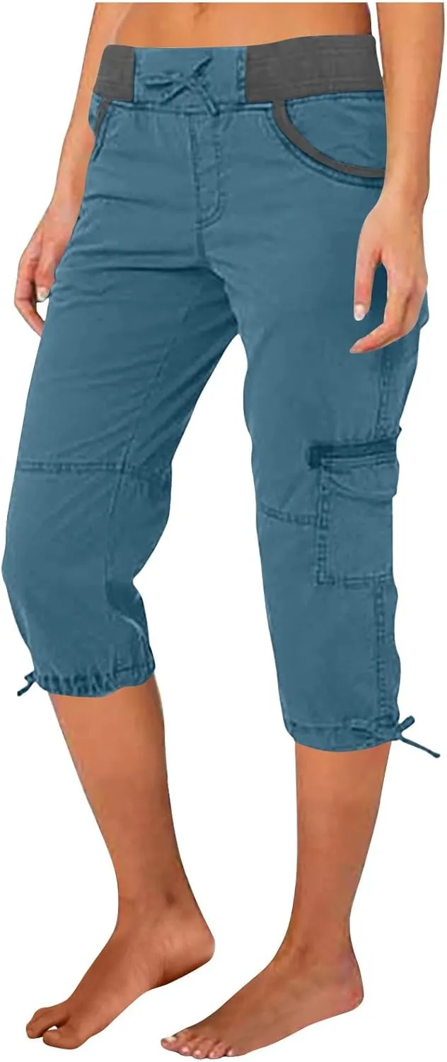 Capri Pants for Women Summer Cargo Capris with Pockets Drawstring Casual Hiking Solid Elastic Waist Cropped Trousers