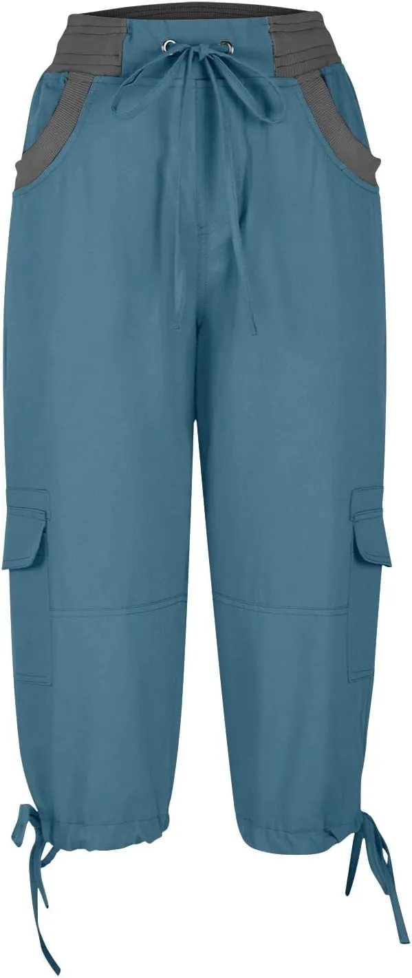 Capri Pants for Women Summer Cargo Capris with Pockets Drawstring Casual Hiking Solid Elastic Waist Cropped Trousers