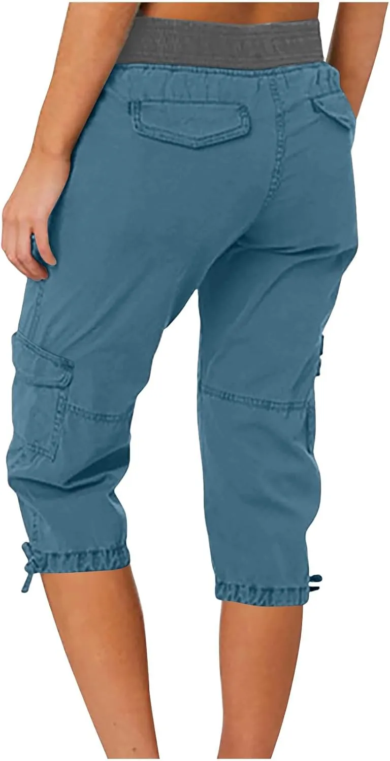 Capri Pants for Women Summer Cargo Capris with Pockets Drawstring Casual Hiking Solid Elastic Waist Cropped Trousers