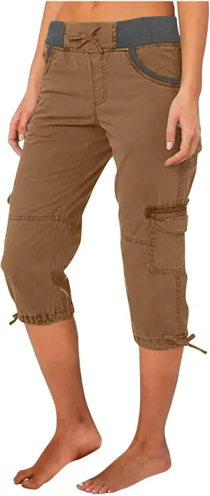 Capri Pants for Women Summer Cargo Capris with Pockets Drawstring Casual Hiking Solid Elastic Waist Cropped Trousers