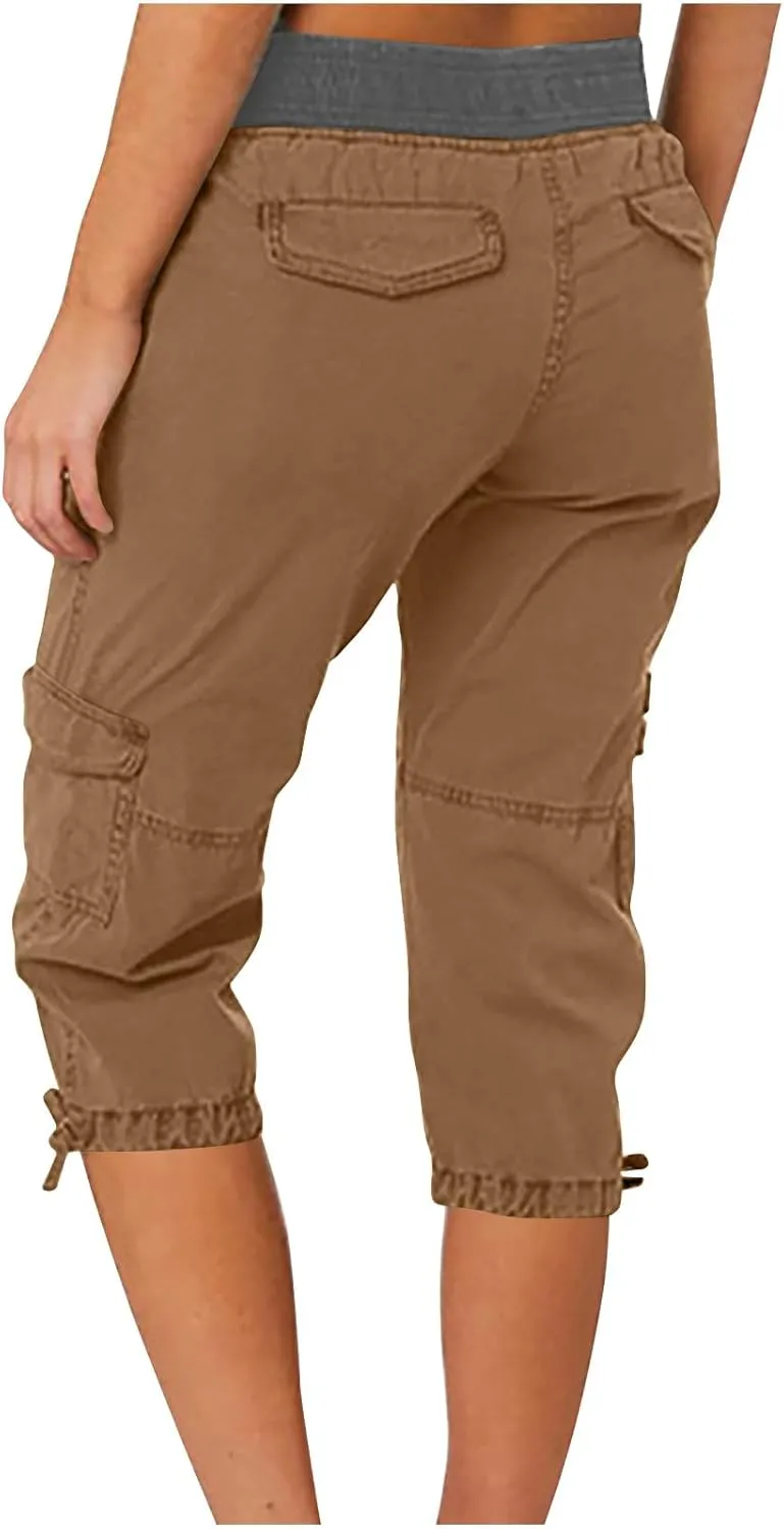 Capri Pants for Women Summer Cargo Capris with Pockets Drawstring Casual Hiking Solid Elastic Waist Cropped Trousers