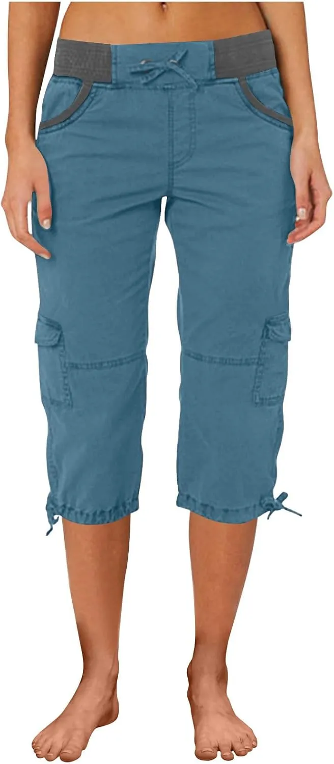 Capri Pants for Women Summer Cargo Capris with Pockets Drawstring Casual Hiking Solid Elastic Waist Cropped Trousers
