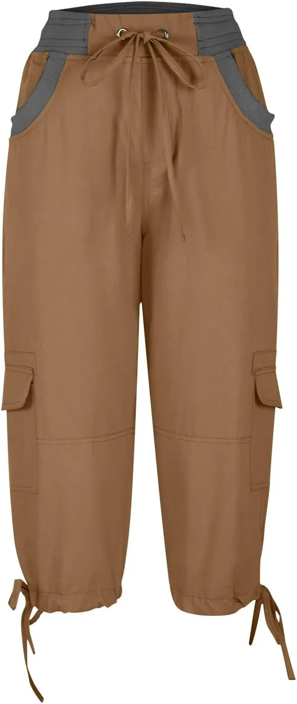 Capri Pants for Women Summer Cargo Capris with Pockets Drawstring Casual Hiking Solid Elastic Waist Cropped Trousers