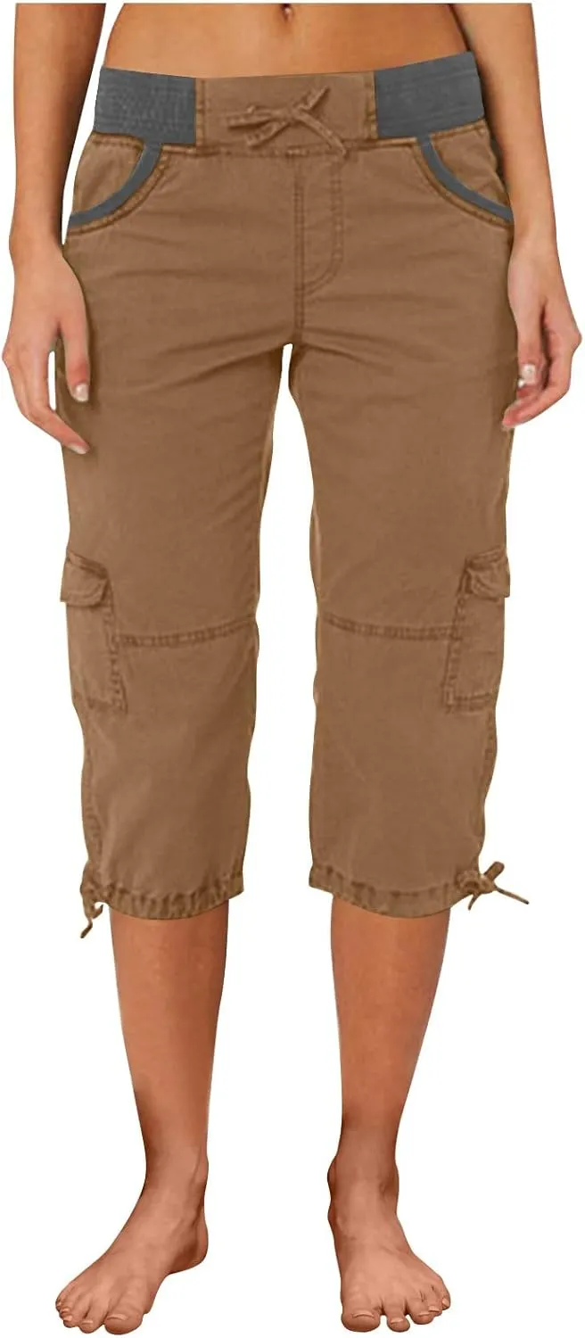 Capri Pants for Women Summer Cargo Capris with Pockets Drawstring Casual Hiking Solid Elastic Waist Cropped Trousers