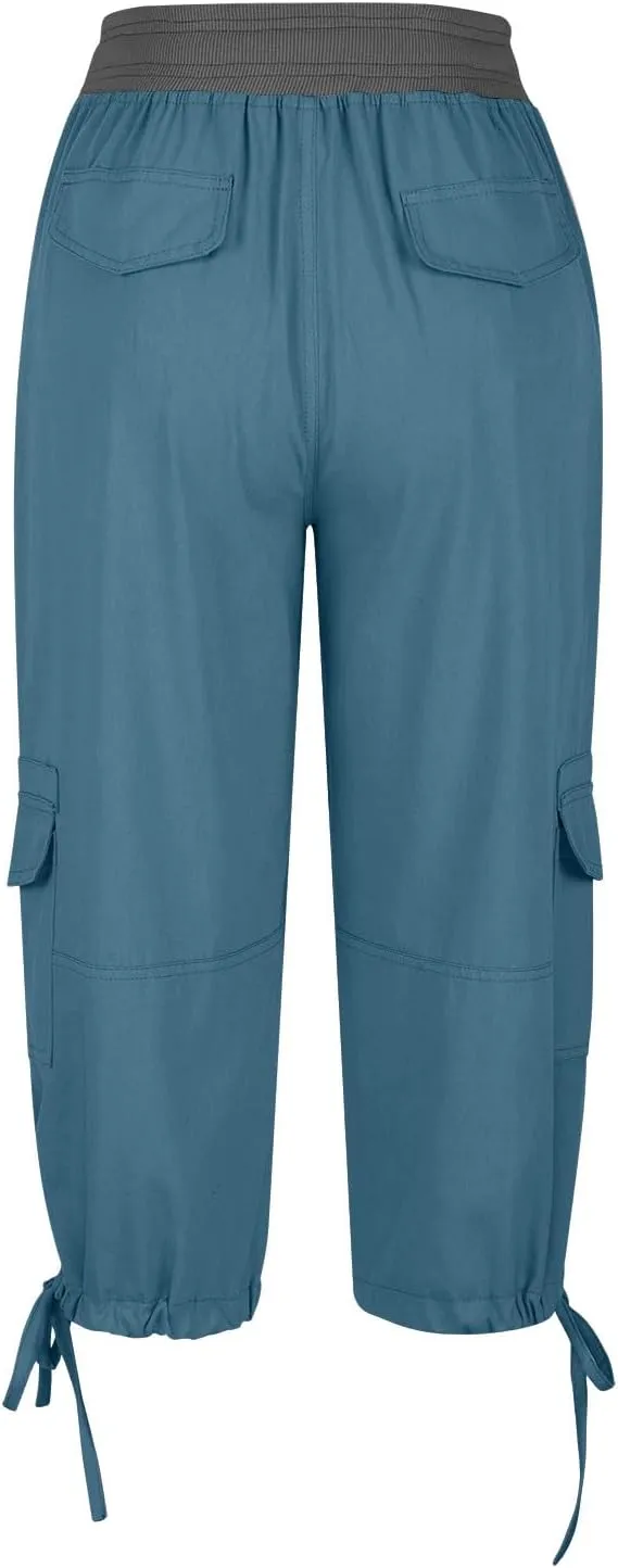 Capri Pants for Women Summer Cargo Capris with Pockets Drawstring Casual Hiking Solid Elastic Waist Cropped Trousers