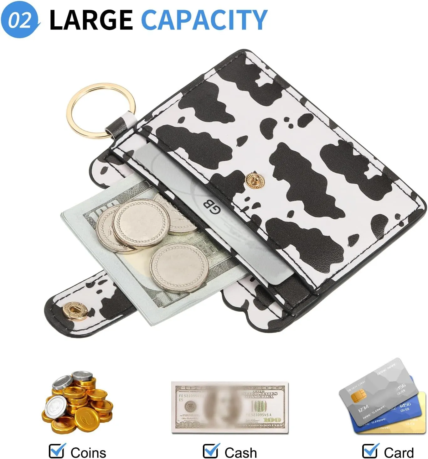 Card Holder Wallet with Silicone Beaded Bracelet, Slim PU Leather Wallet for Women, Compact and Lightweight Design for Daily Use, Black and White Leopard