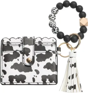 Card Holder Wallet with Silicone Beaded Bracelet, Slim PU Leather Wallet for Women, Compact and Lightweight Design for Daily Use, Black and White Leopard
