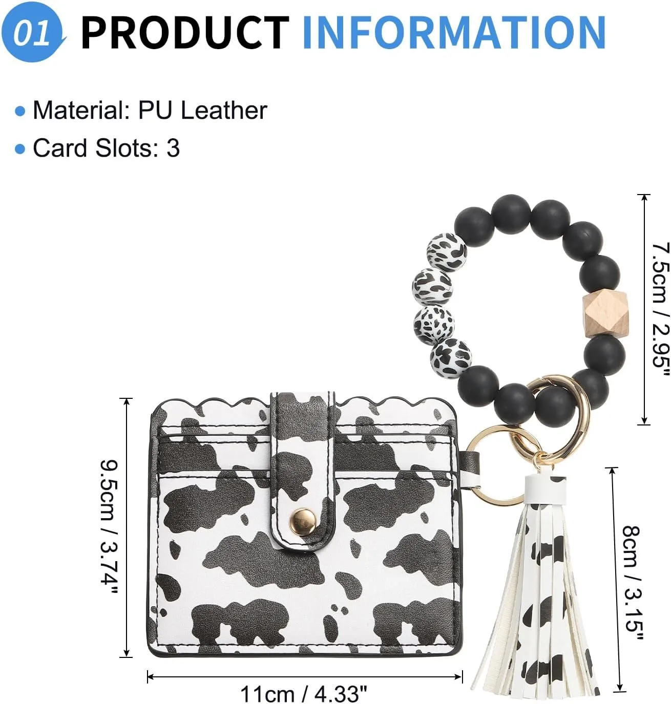 Card Holder Wallet with Silicone Beaded Bracelet, Slim PU Leather Wallet for Women, Compact and Lightweight Design for Daily Use, Black and White Leopard