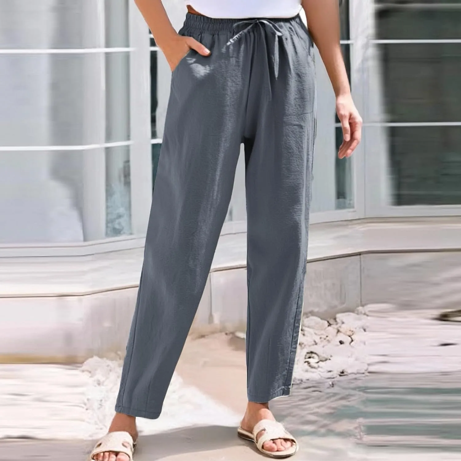 Cargo Pants Women, Wide Leg Pants Casual Peasant Linen Straight Trendy Drawstring