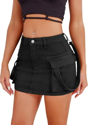 Cargo Skirt Women y2k Button Mini Jeans Skirt Denim Skirt with Pocket Low Waist
