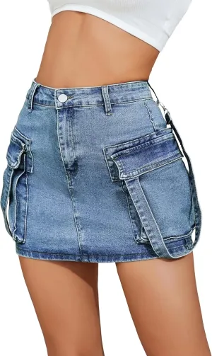 Cargo Skirt Women y2k Button Mini Jeans Skirt Denim Skirt with Pocket Low Waist
