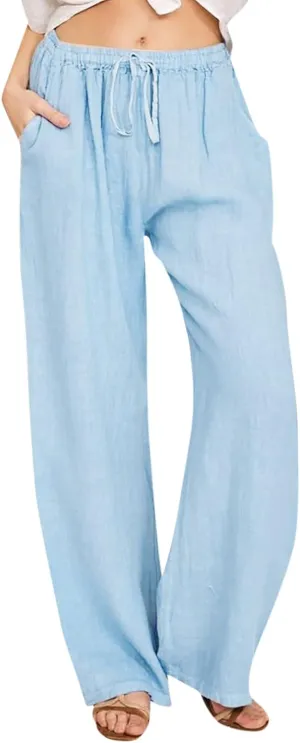 Casual Cotton Linen Pants Women Summer High Waisted Flowy Palazzo Pants Boho Loose Wide Leg Beach Pants with Pockets