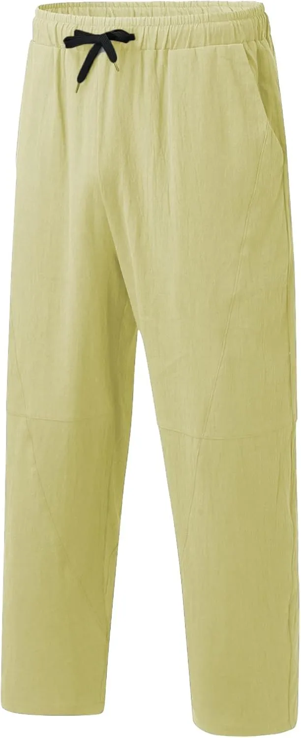 Casual Summer Pants for Men Linen Solid Color Pant Drawstring Joggers Loose Fit Pants Long Trousers with Pockets