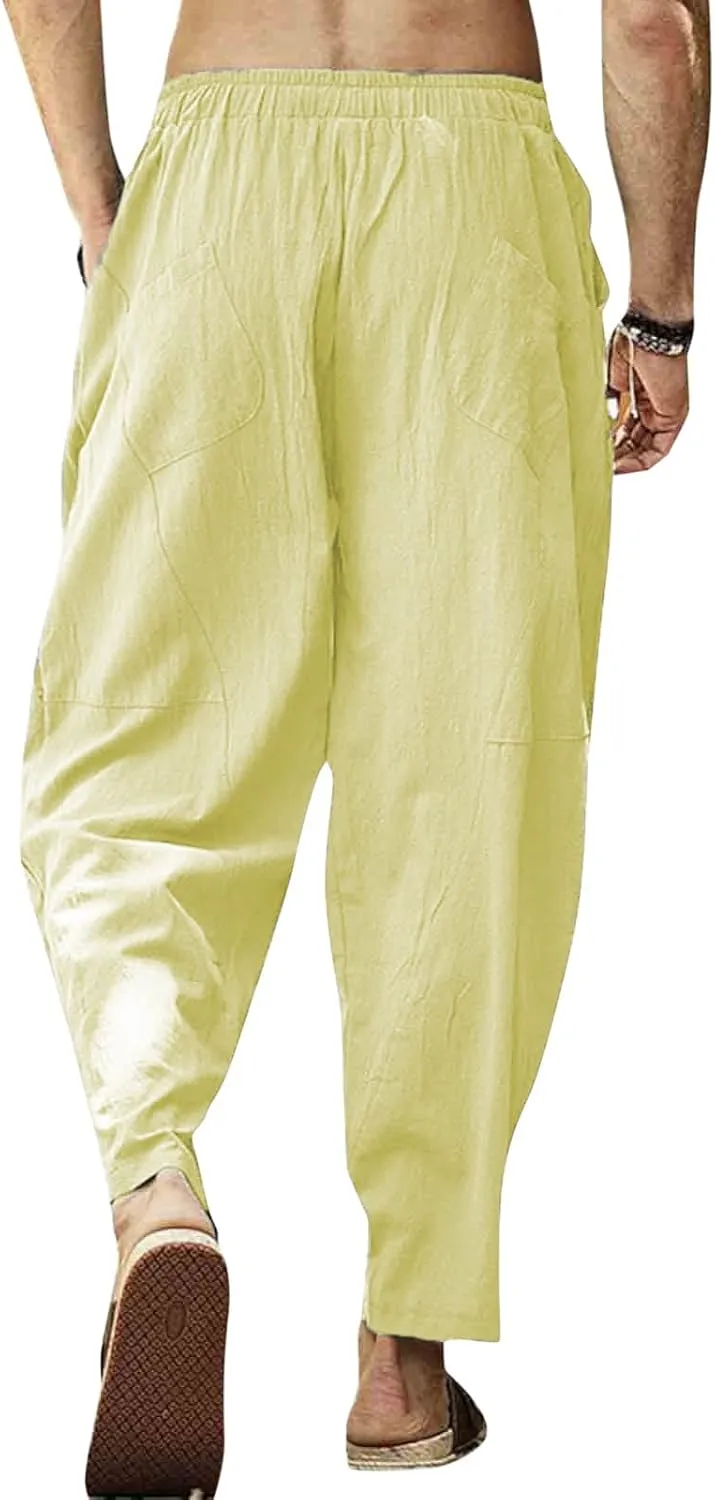 Casual Summer Pants for Men Linen Solid Color Pant Drawstring Joggers Loose Fit Pants Long Trousers with Pockets