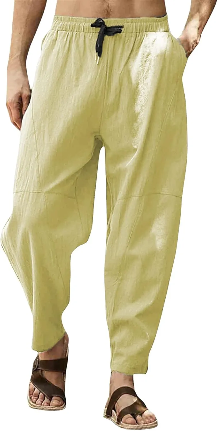 Casual Summer Pants for Men Linen Solid Color Pant Drawstring Joggers Loose Fit Pants Long Trousers with Pockets