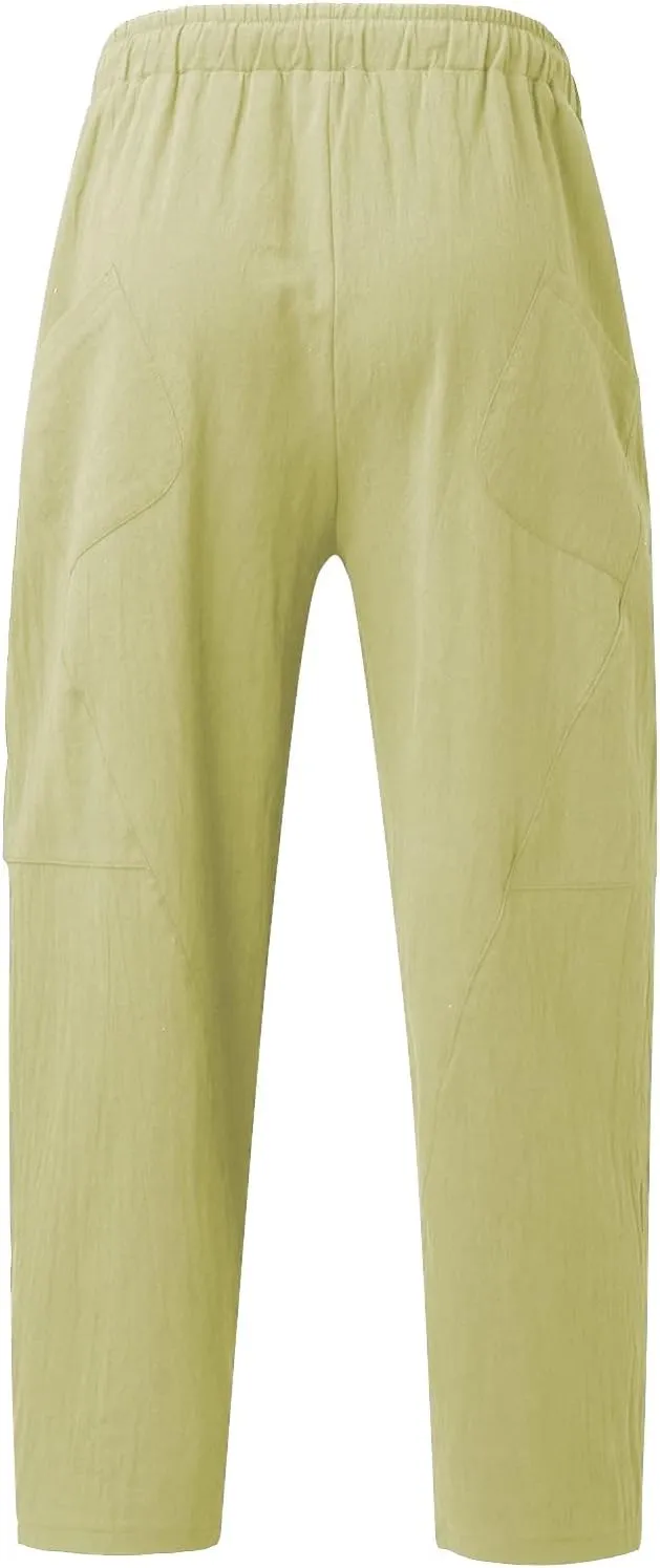Casual Summer Pants for Men Linen Solid Color Pant Drawstring Joggers Loose Fit Pants Long Trousers with Pockets