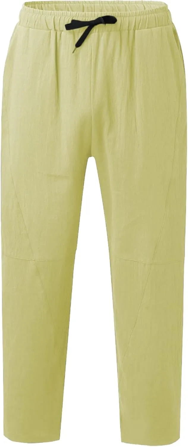 Casual Summer Pants for Men Linen Solid Color Pant Drawstring Joggers Loose Fit Pants Long Trousers with Pockets