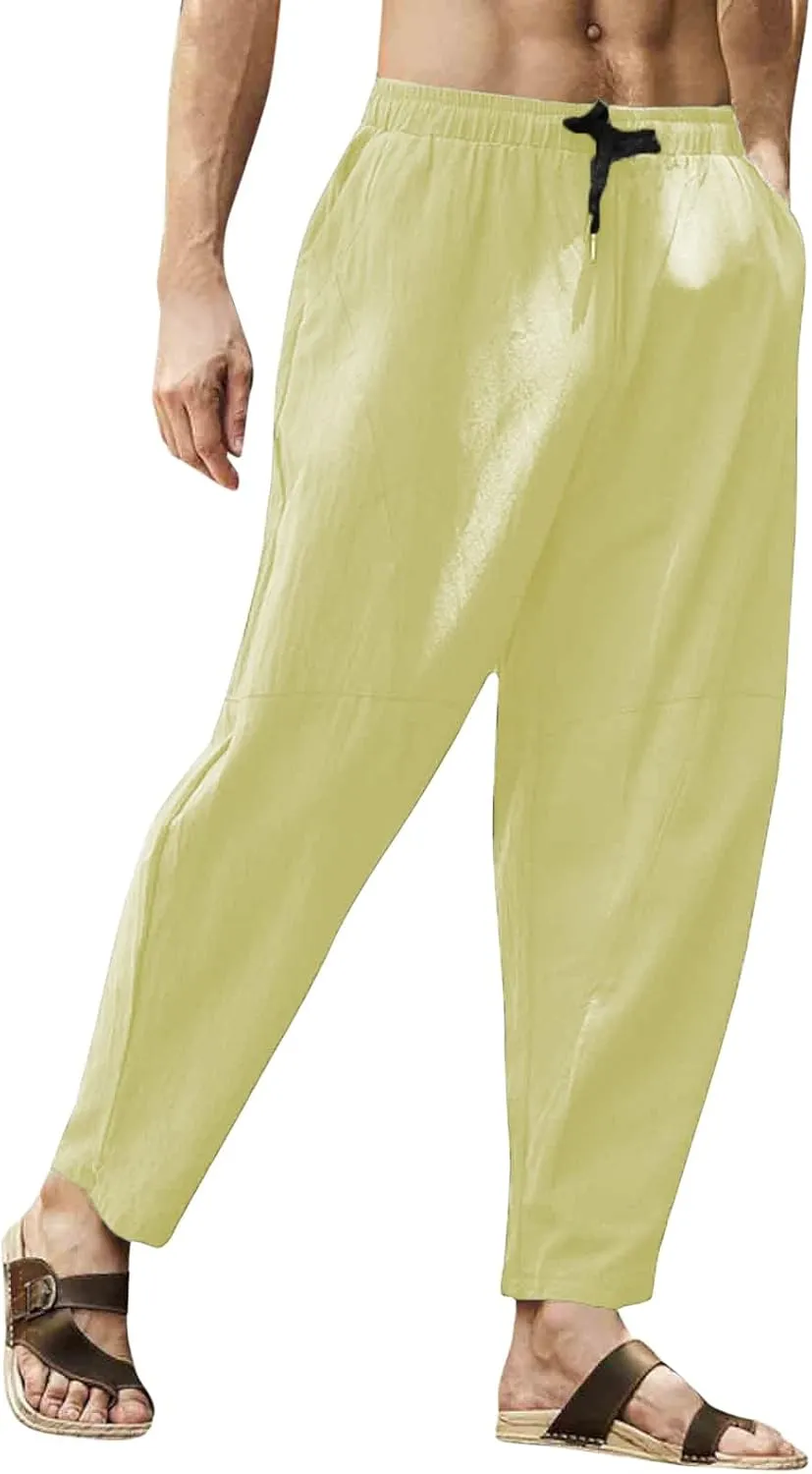 Casual Summer Pants for Men Linen Solid Color Pant Drawstring Joggers Loose Fit Pants Long Trousers with Pockets