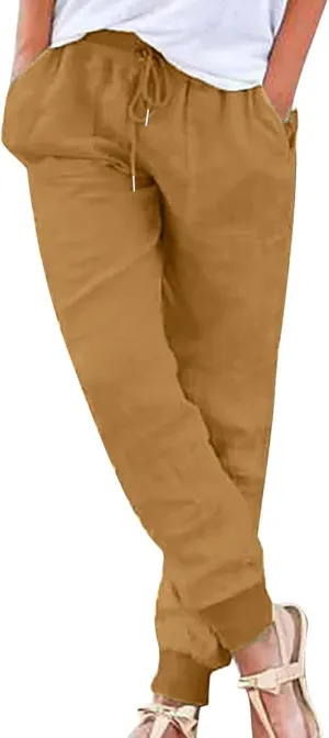 Ceboyel Women Summer Linen Pants Drawstring Beach Pants Lightweight High Waist Baggy Trouser Boho Ladies Clothes with Pockets