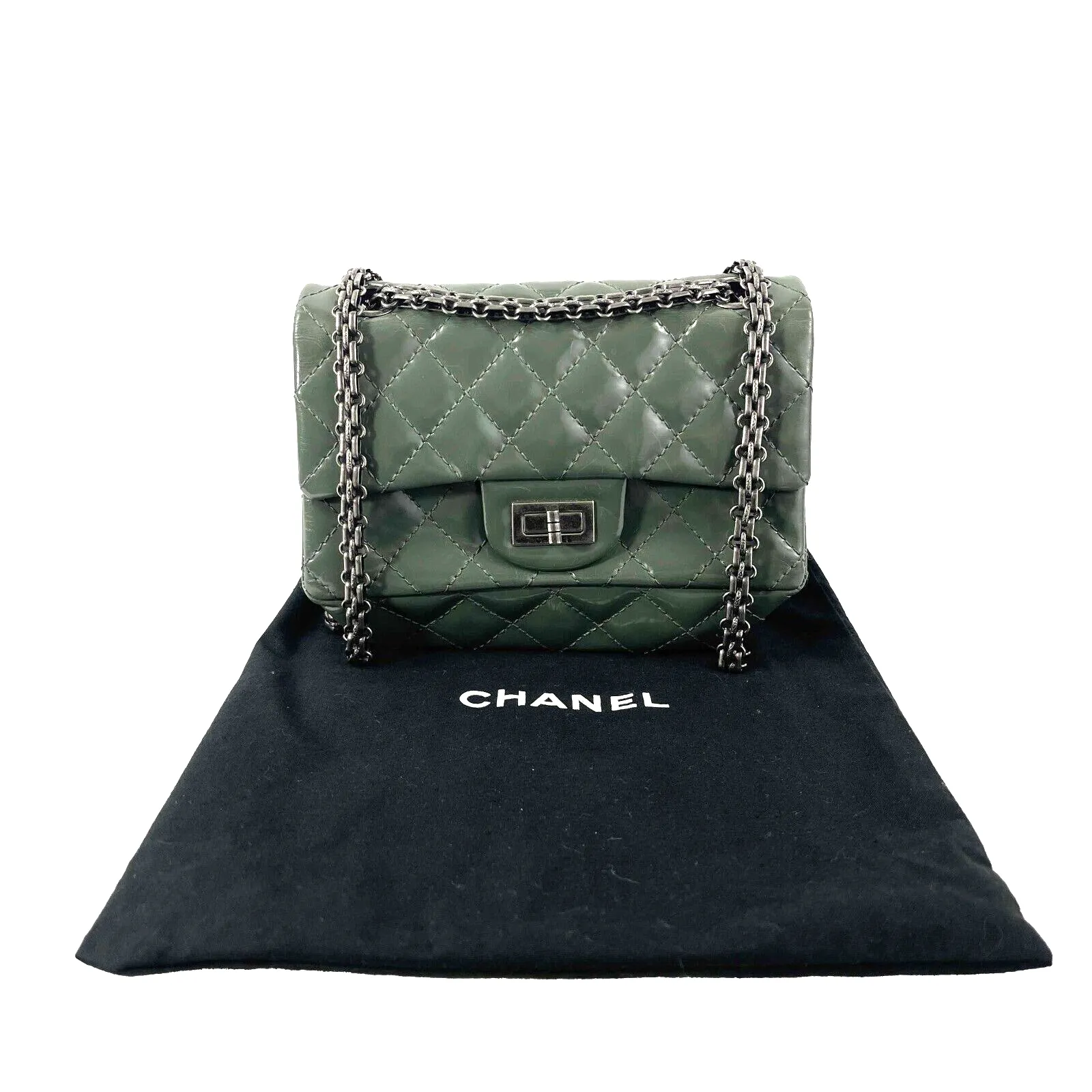 CHANEL Patent Quilted Small Accordion Reissue 2.55 Flap - Olive Green Crossbody