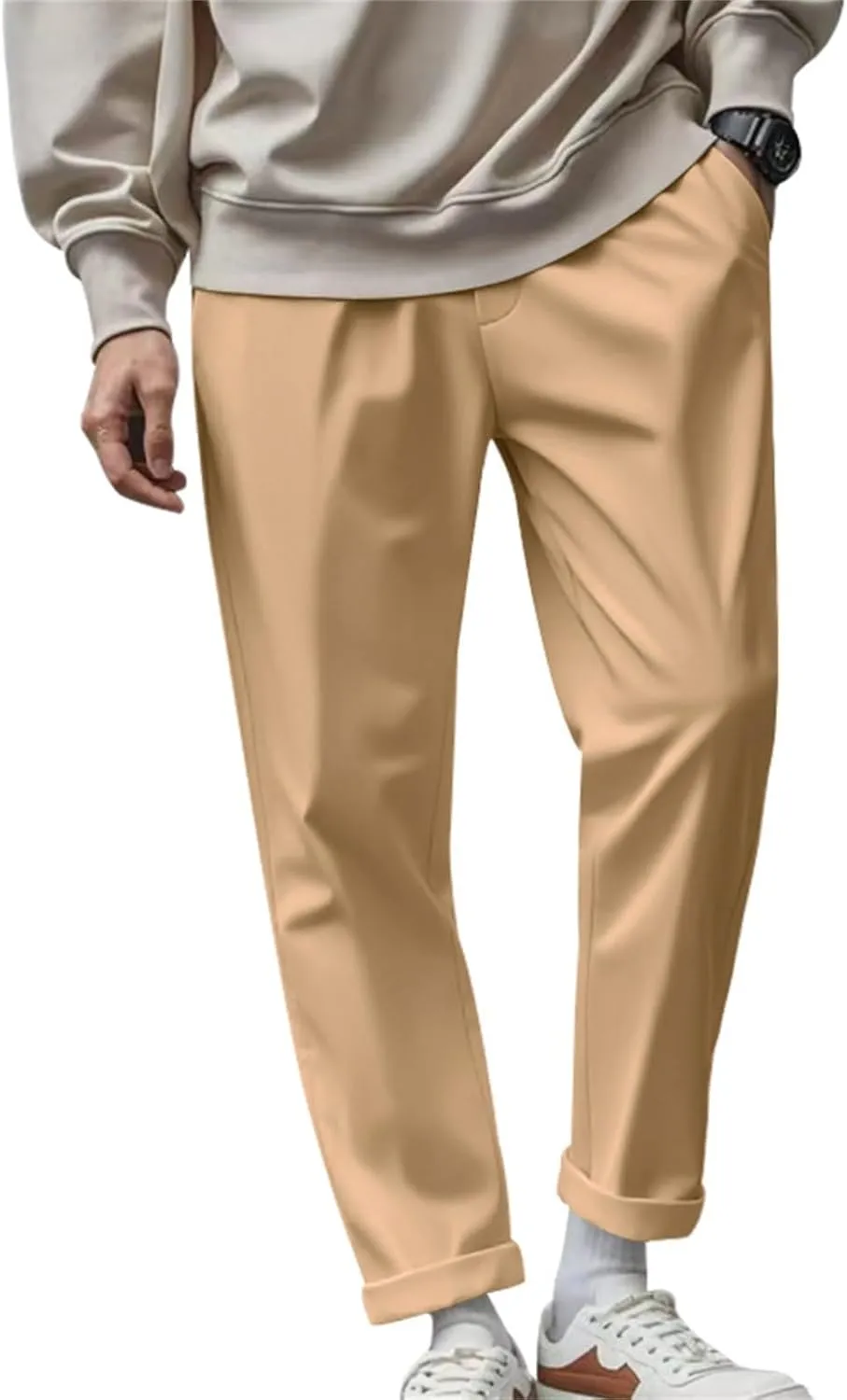 Chino Pants Men Slim Fit Drawstring Waist Dress Pants with Pockets Lightweight Straight Leg Business Casual Pants