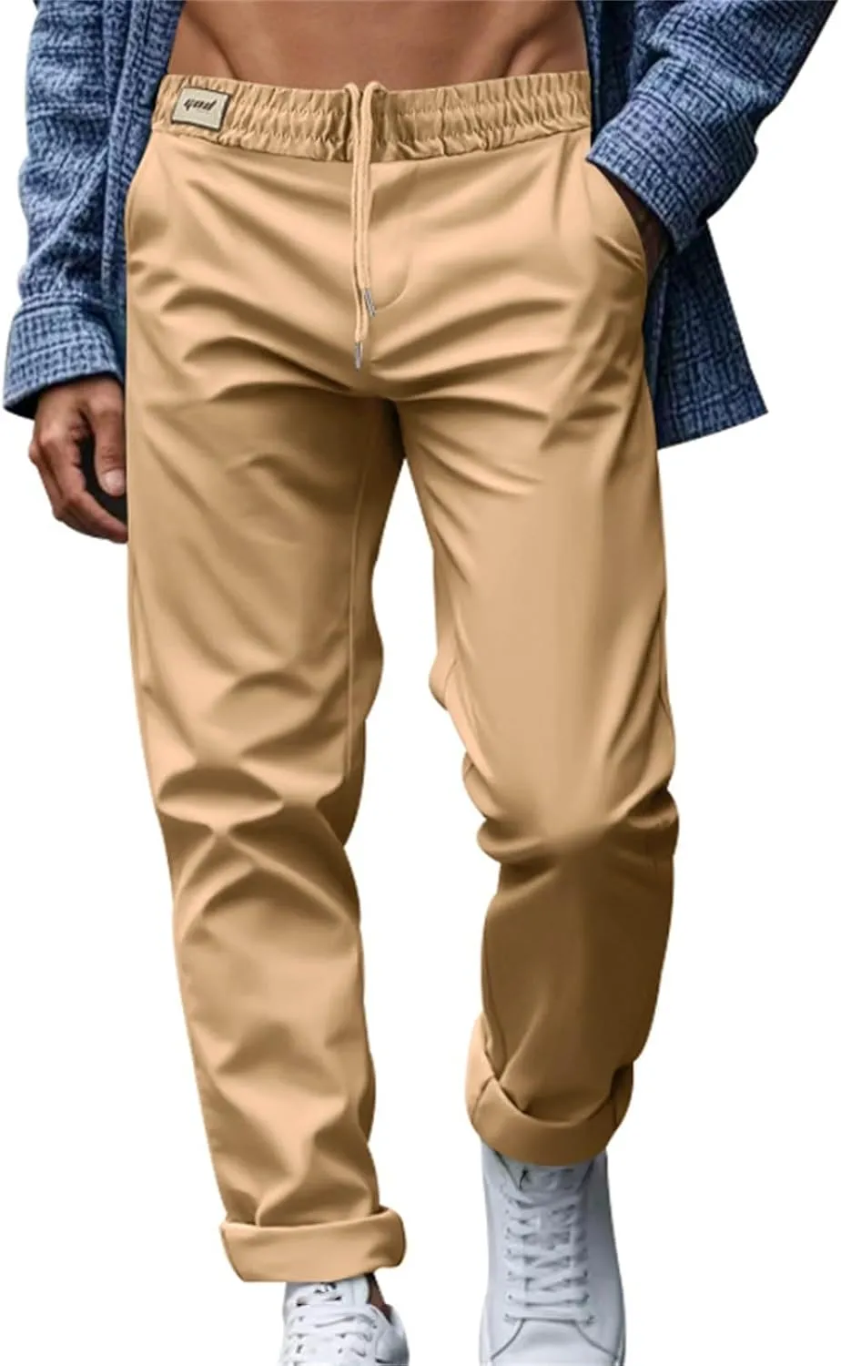 Chino Pants Men Slim Fit Drawstring Waist Dress Pants with Pockets Lightweight Straight Leg Business Casual Pants
