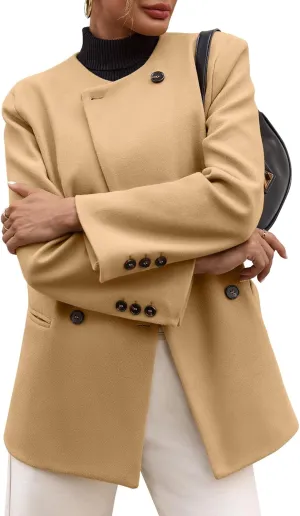 Cicy Bell Womens Wool Pea Coats Fall Oversized Collarless Blazer Jackets Double Breasted Mid Length Trench Coat