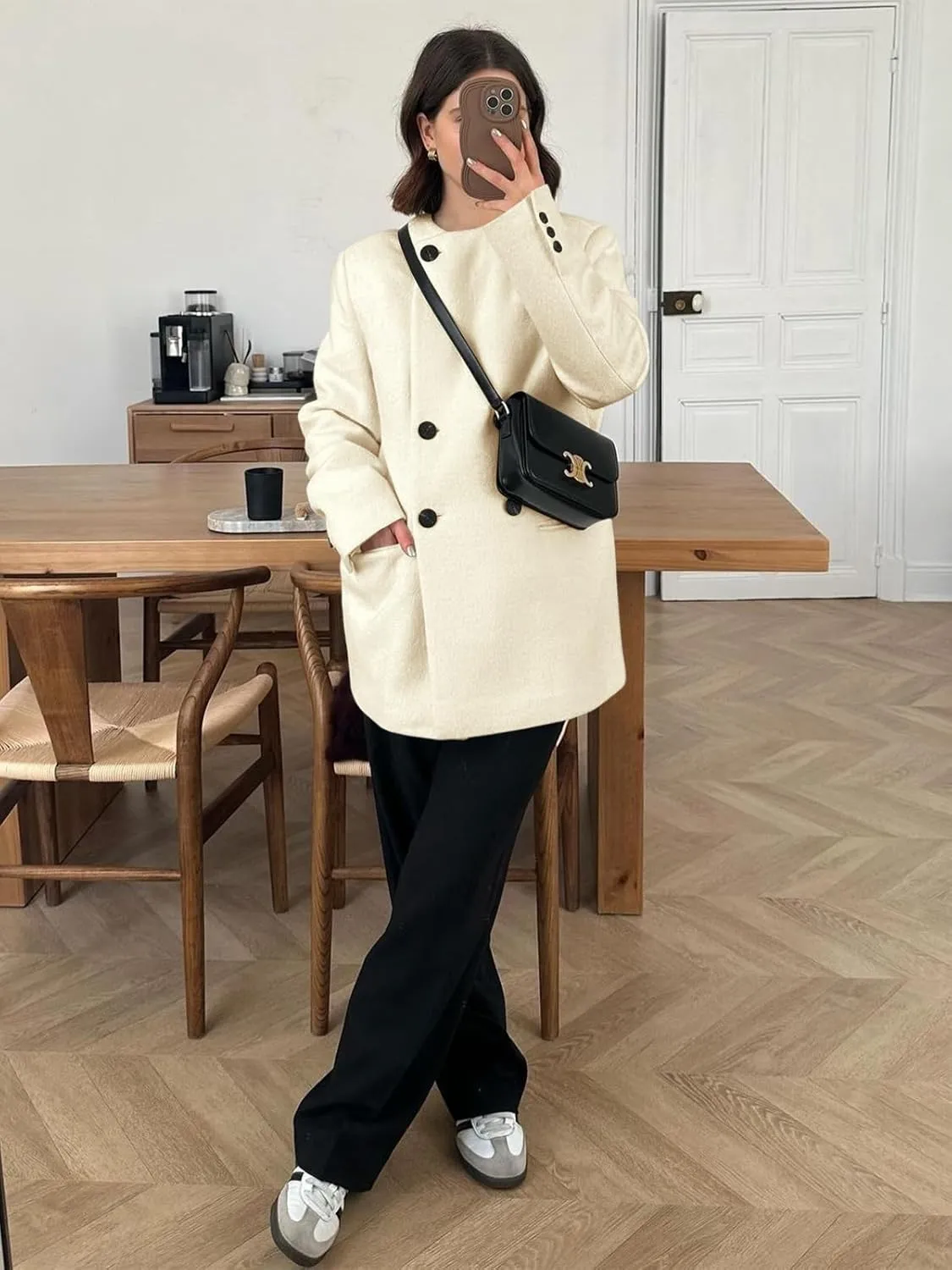 Cicy Bell Womens Wool Pea Coats Fall Oversized Collarless Blazer Jackets Double Breasted Mid Length Trench Coat