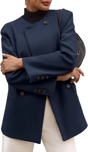 Cicy Bell Womens Wool Pea Coats Fall Oversized Collarless Blazer Jackets Double Breasted Mid Length Trench Coat