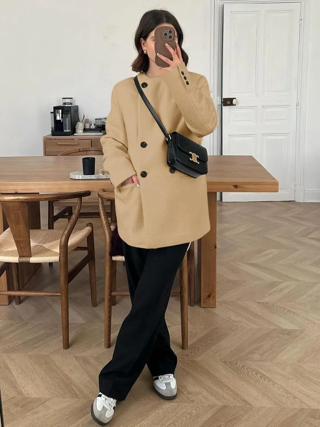Cicy Bell Womens Wool Pea Coats Fall Oversized Collarless Blazer Jackets Double Breasted Mid Length Trench Coat