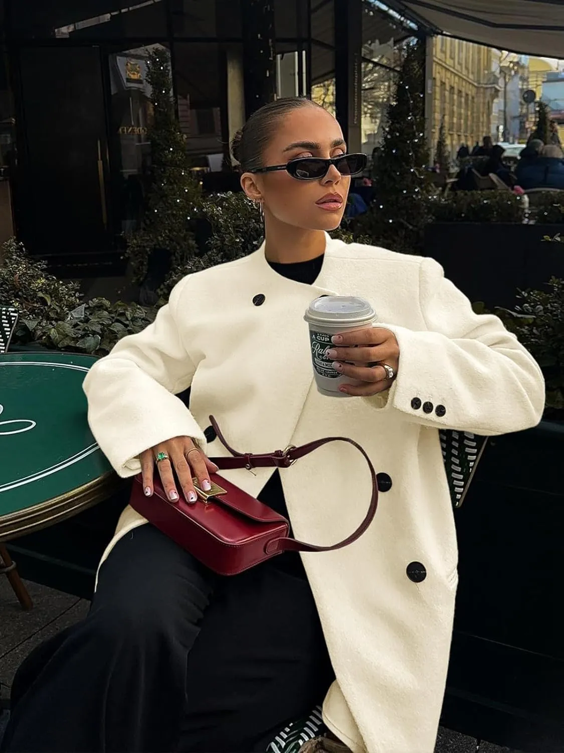 Cicy Bell Womens Wool Pea Coats Fall Oversized Collarless Blazer Jackets Double Breasted Mid Length Trench Coat