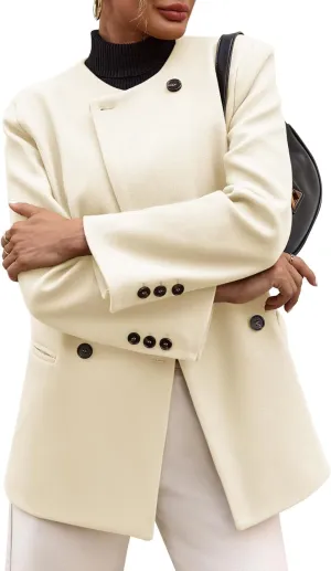 Cicy Bell Womens Wool Pea Coats Fall Oversized Collarless Blazer Jackets Double Breasted Mid Length Trench Coat