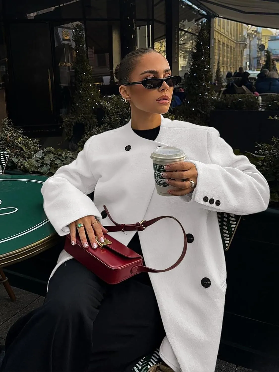 Cicy Bell Womens Wool Pea Coats Fall Oversized Collarless Blazer Jackets Double Breasted Mid Length Trench Coat