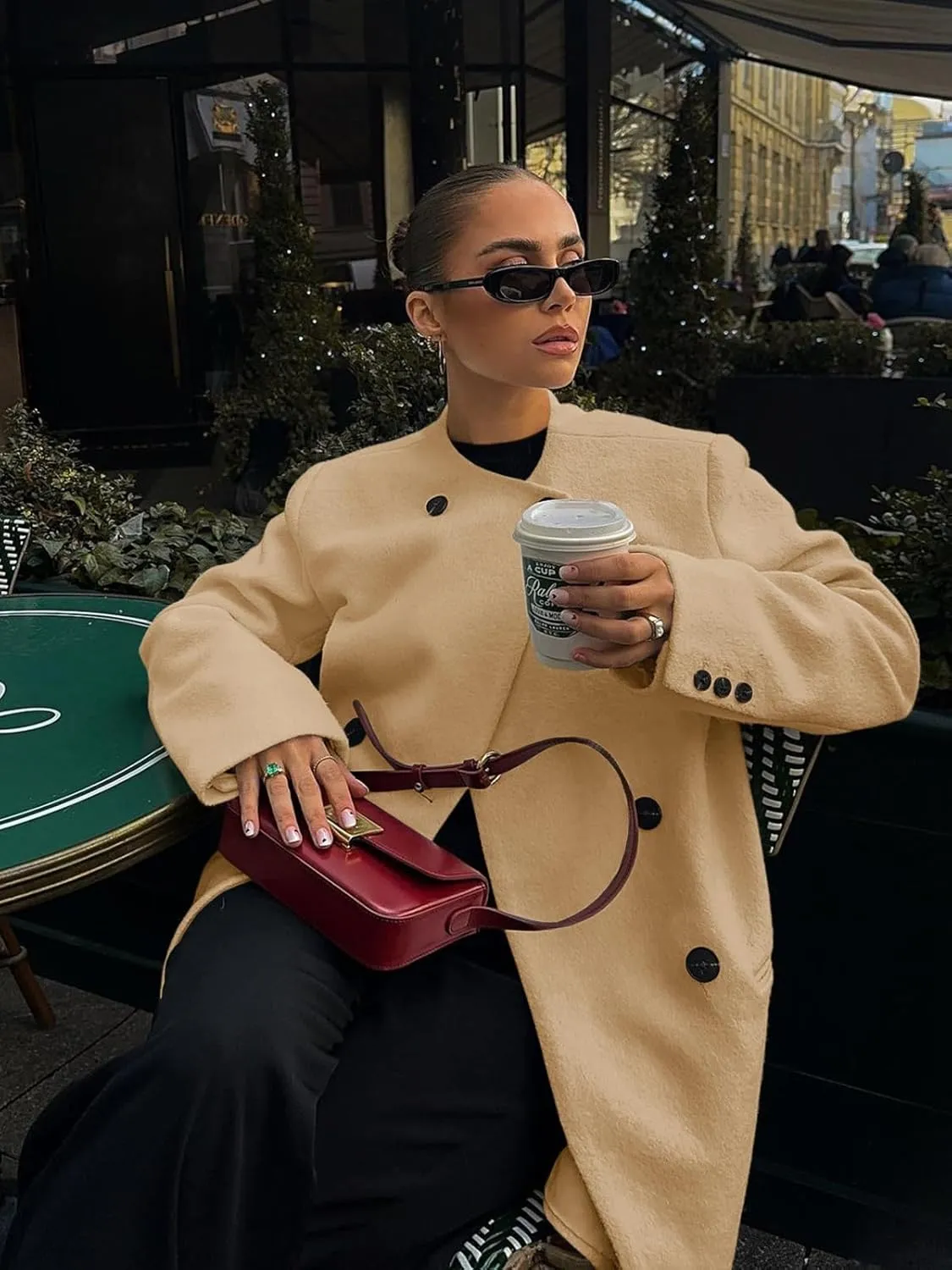 Cicy Bell Womens Wool Pea Coats Fall Oversized Collarless Blazer Jackets Double Breasted Mid Length Trench Coat