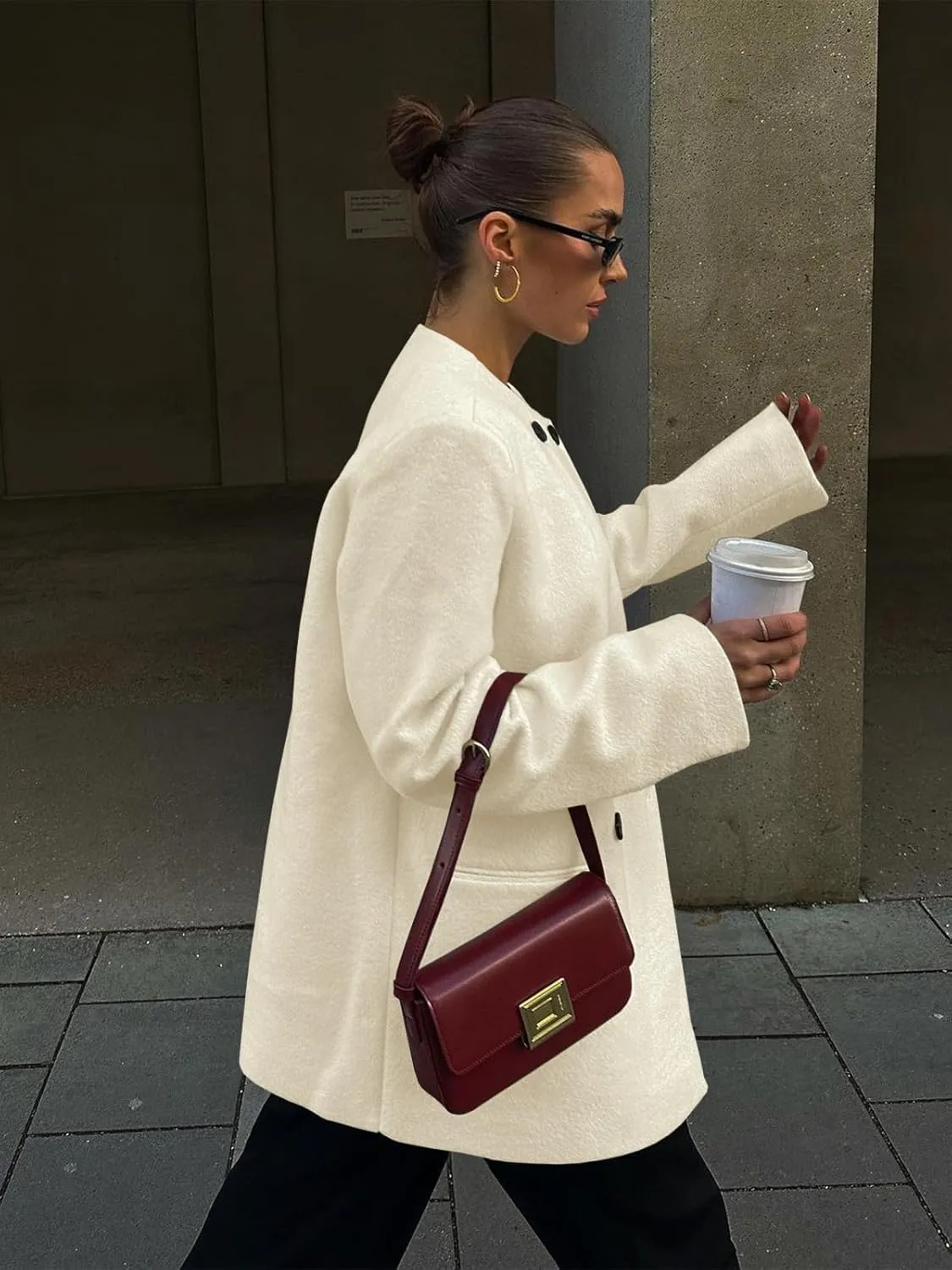 Cicy Bell Womens Wool Pea Coats Fall Oversized Collarless Blazer Jackets Double Breasted Mid Length Trench Coat