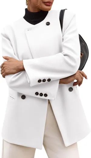 Cicy Bell Womens Wool Pea Coats Fall Oversized Collarless Blazer Jackets Double Breasted Mid Length Trench Coat